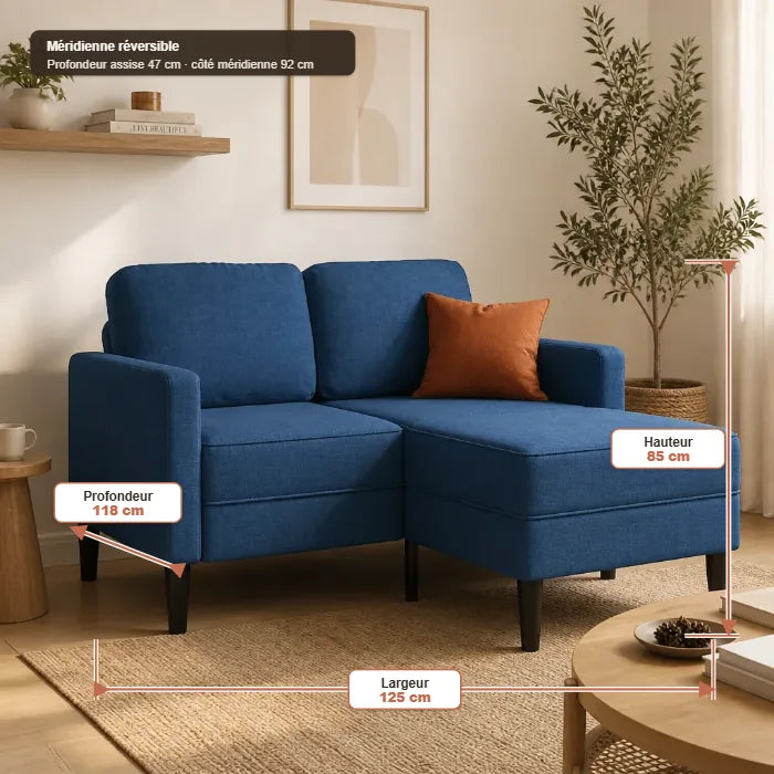 Halland — Canapé 2 places avec méridienne en L 125 cm en Tissu