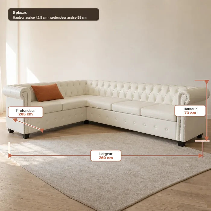 Sigür — Canapé d'angle Chesterfield cuir synthétique 6 sièges