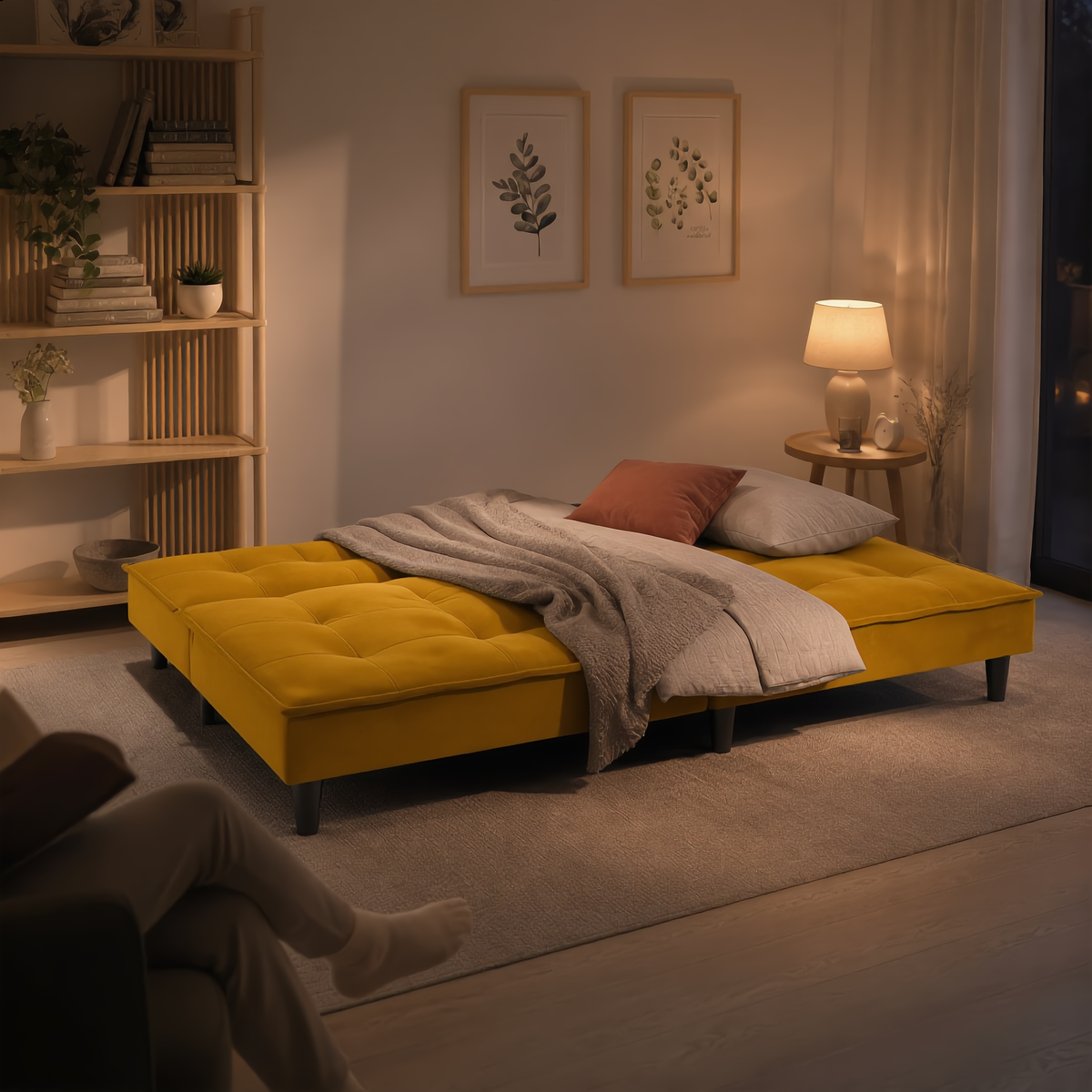 Kväll canapé-lit velours déplié - Jaune