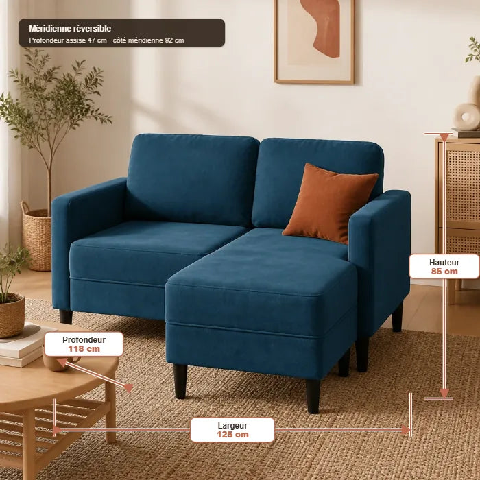 Solveig — Canapé 2 places avec méridienne en L 125 cm en Velours