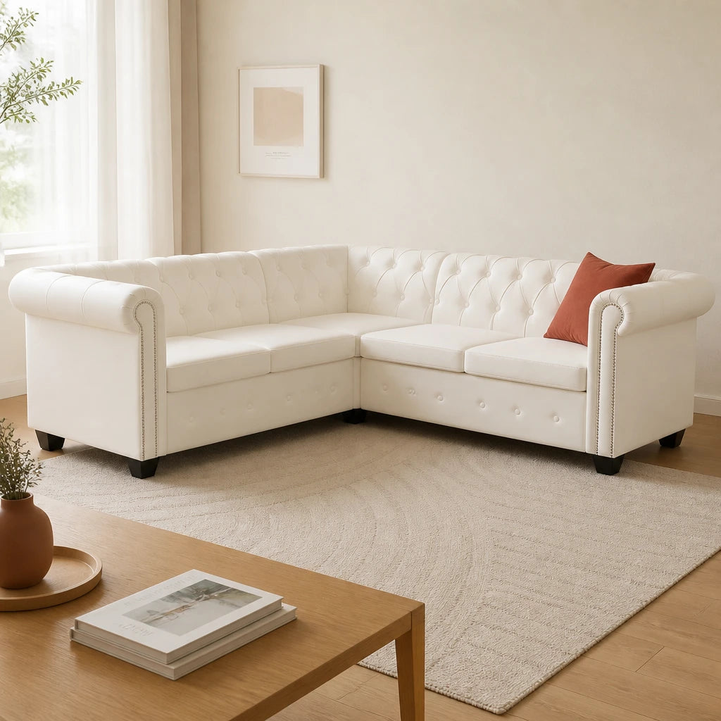 Jarl — Canapé d'angle Chesterfield cuir synthétique 5 sièges