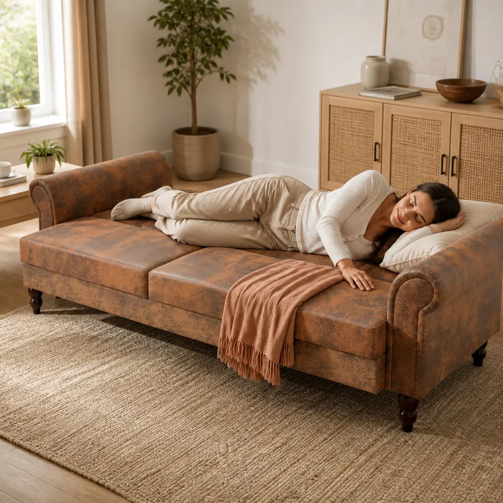 Björn — Canapé 2 places convertible accoudoir daim synthétique Marron
