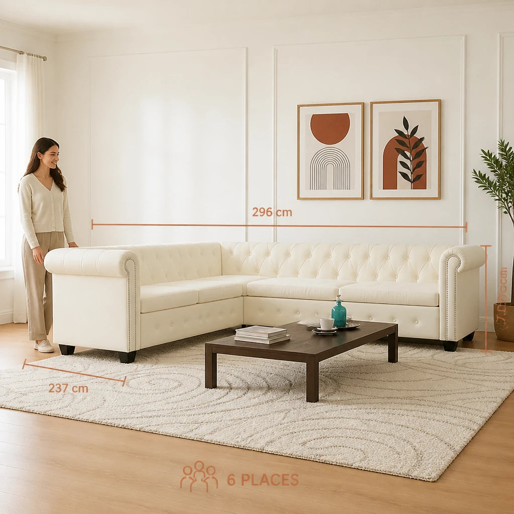Sigür — Canapé d'angle Chesterfield cuir synthétique 6 sièges