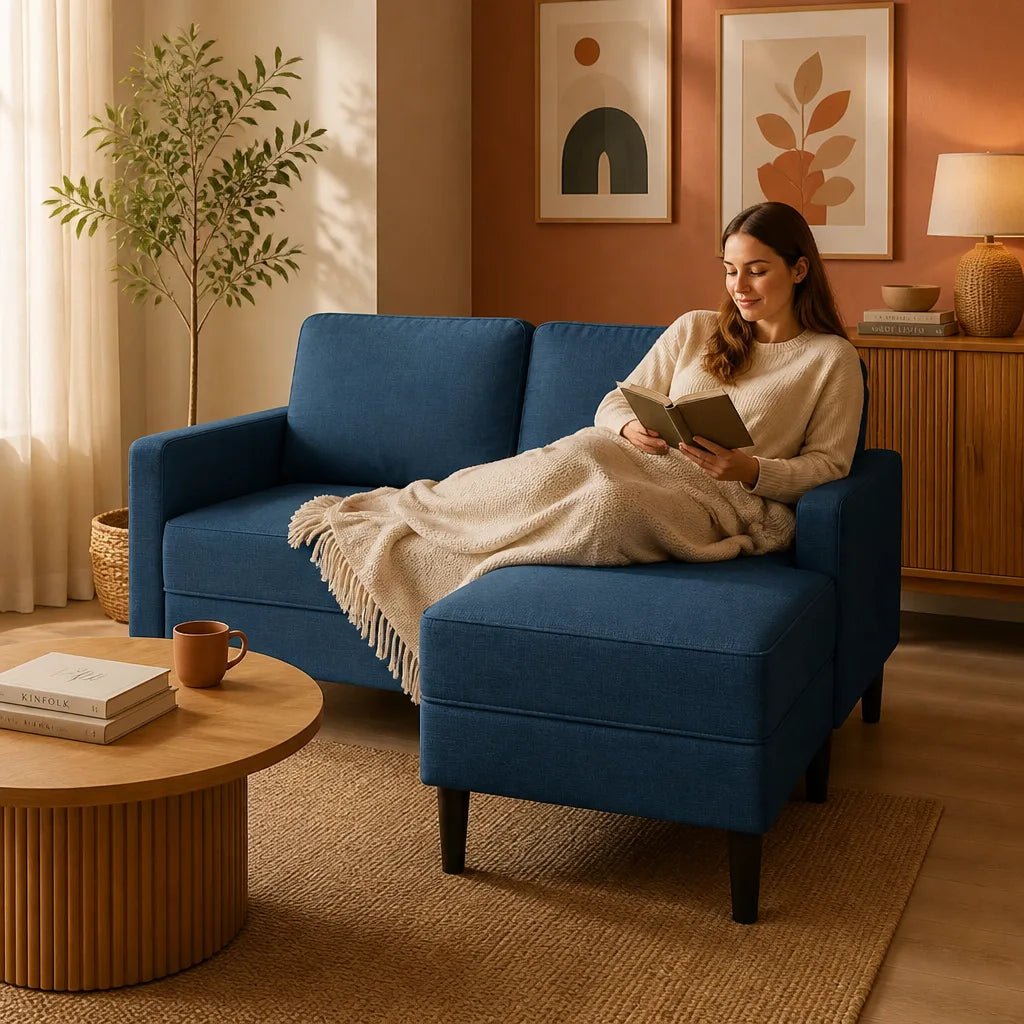 Halland — Canapé 2 places avec méridienne en L 125 cm en Tissu